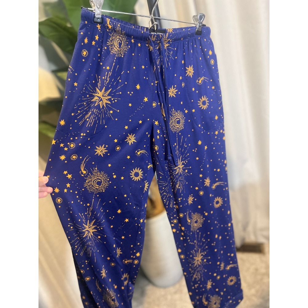 Room Service Women Blue Gold Celestial Pajama Set Moon Star Sun Print Small - Picture 7 of 9